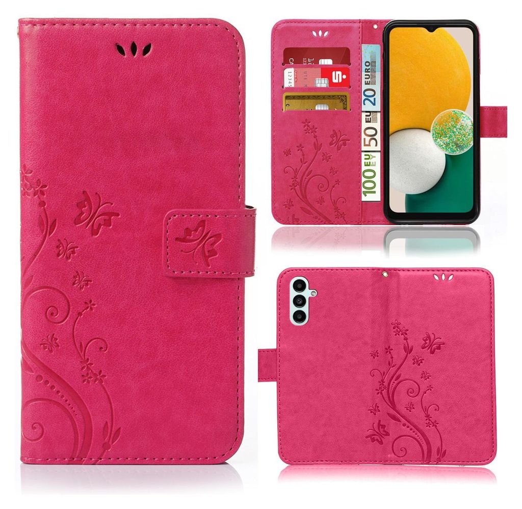 A collage of images showing a pink flower-patterned phone case for a Samsung Galaxy A04s.