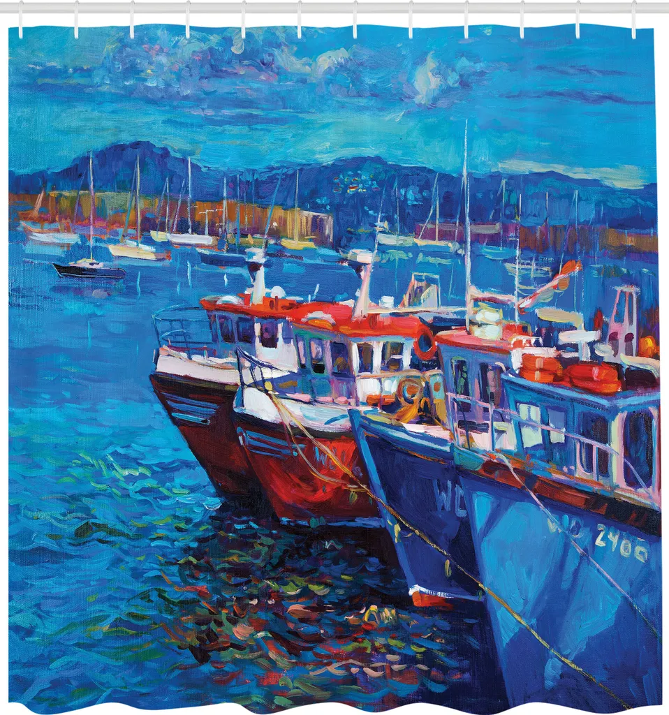 ABAKUHAUS Tenda da doccia Country, barche a vela navi sulla riva porto attraverso il mare piccola città rurale di pescatori grafica, tessuto set decorativo per bagno con ganci, 175x220 cm, blu navy rosso