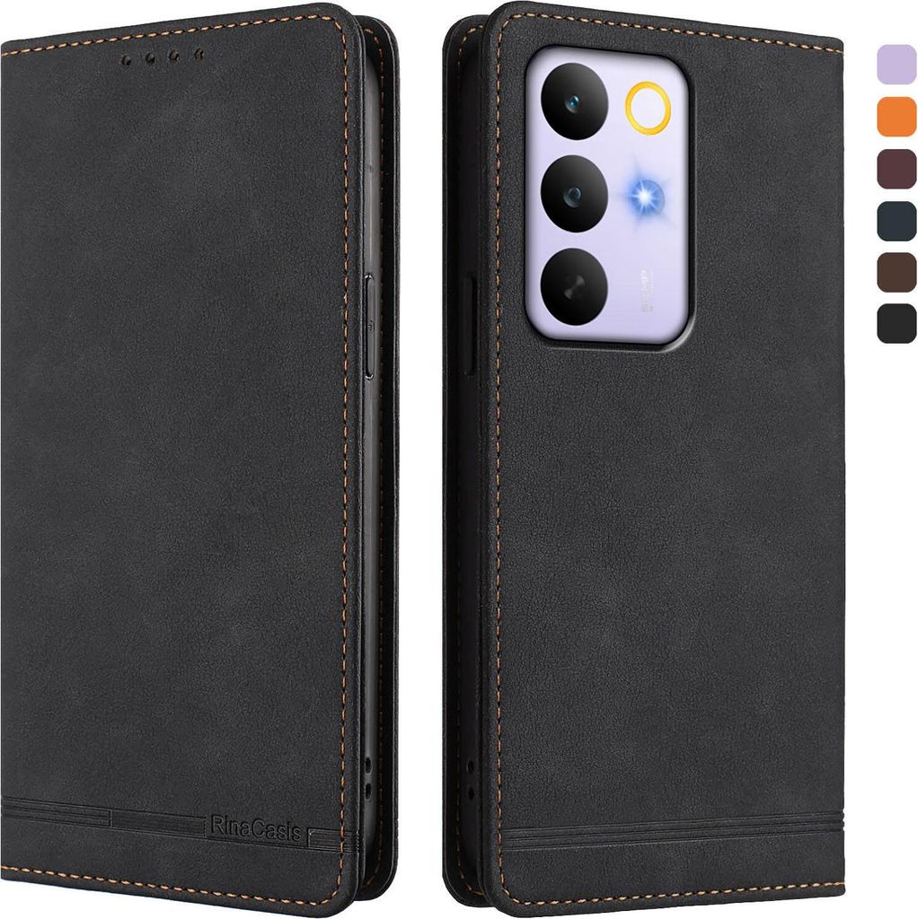 Hülle für Realme C85 Pro, Retro Kunstleder Ständer Klapphülle mit Kartenfächer und Magnetische Schwarz