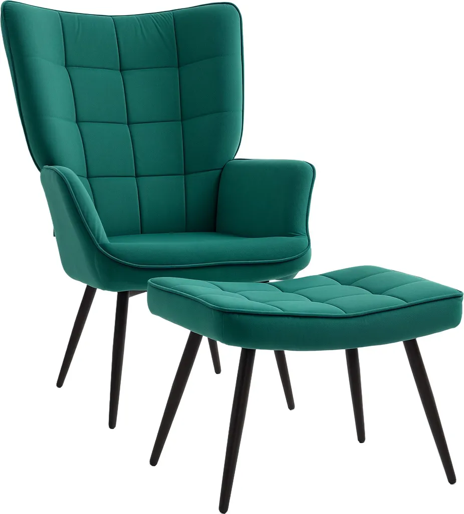 Fauteuil de Relaxation Scandinave en Velours Vert et son Pouf Assorti