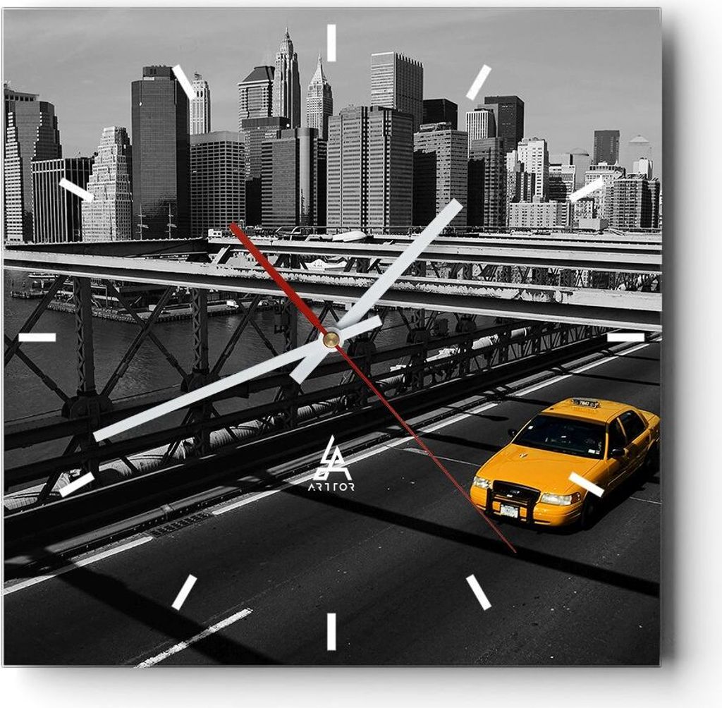 Wanduhr - Quadrat - Glasuhr - New York Manhattan Brooklyn Brücke Taxi - 30x30cm - Schleichendes Uhrwerk - Lautlos - zum Aufhängen bereit - Dekora...
