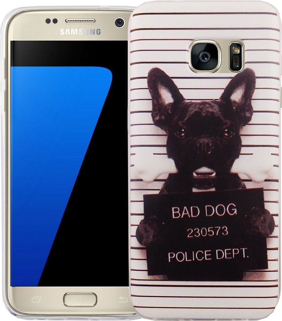 Handy Hülle für Samsung Galaxy S7 Cover Case Schutz Tasche Motiv Slim Silikon TPU Böser Hund Weiß