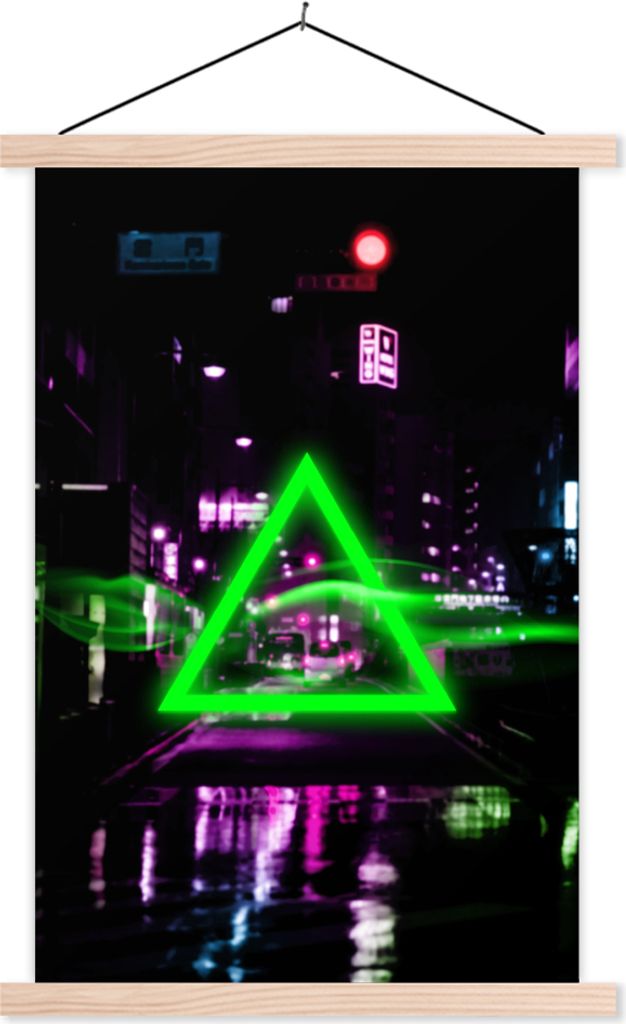 MuchoWow Textilposter Spiele - Neon - Dreieck - Abstrakt - Spiele 120x180 cm mit holzfarbenen Rahmen - Textil-Plakat