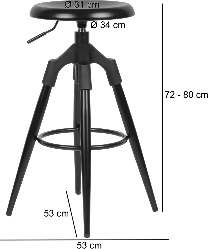 Tabouret de bar en métal noir réglable 72-80 cm - Siège haut de cuisine
