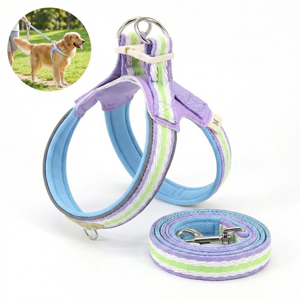 Reflektierendes Hundegeschirr Set mit Leine, Atmungsaktiv, Lila, Größe S