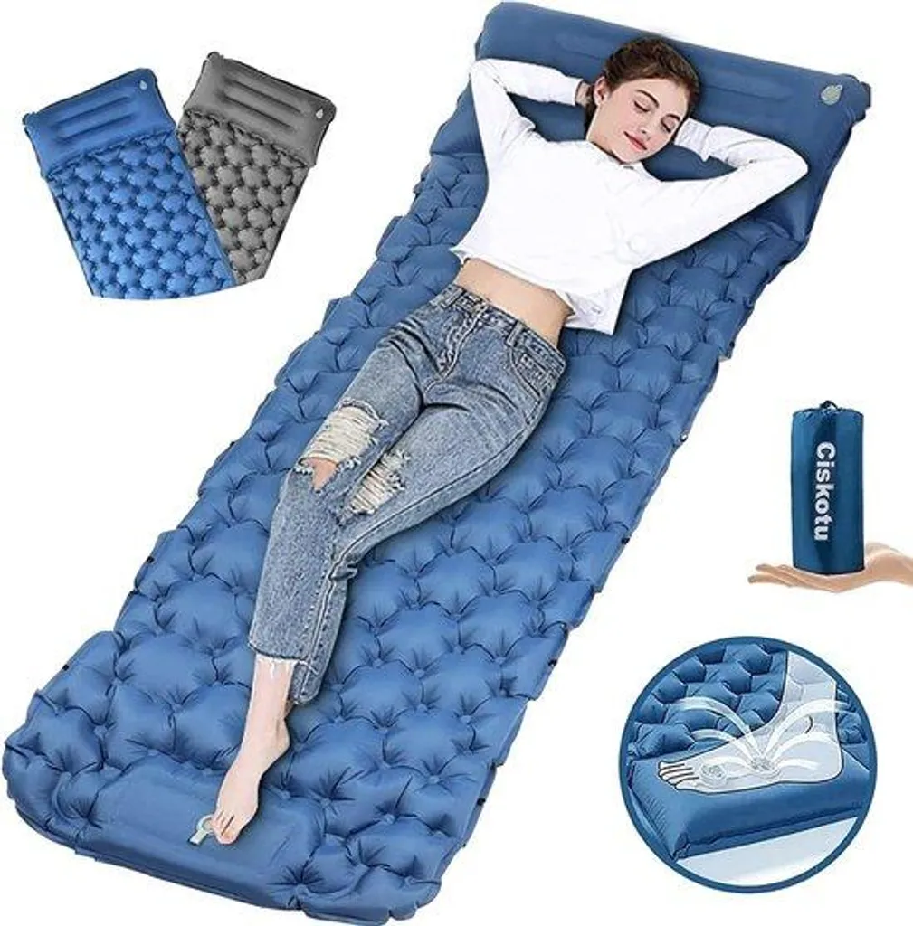 Matelas pneumatique autogonflant 9 cm bleu et gris pour le camping