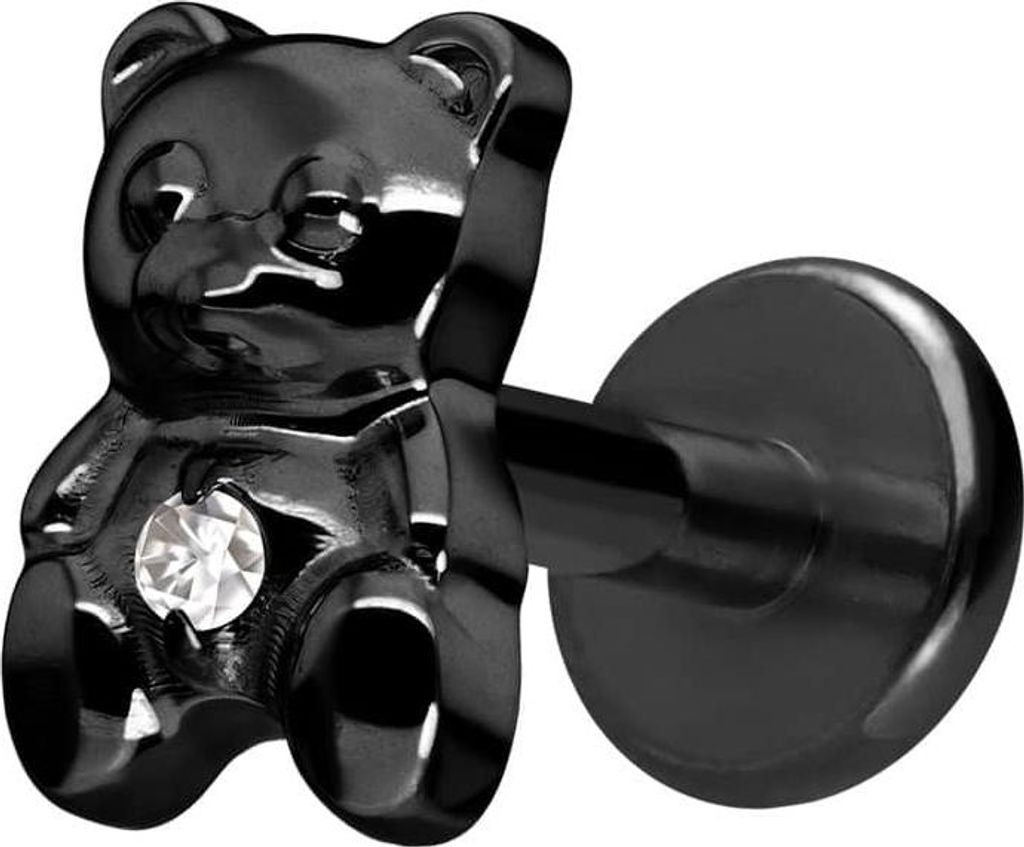 Ohrpiercing, Nasenpiercing Titan Labret mit Innengewinde TEDDYBÄR Schwarz Stablänge: 7mm | Stabstärke: 1,2mm
