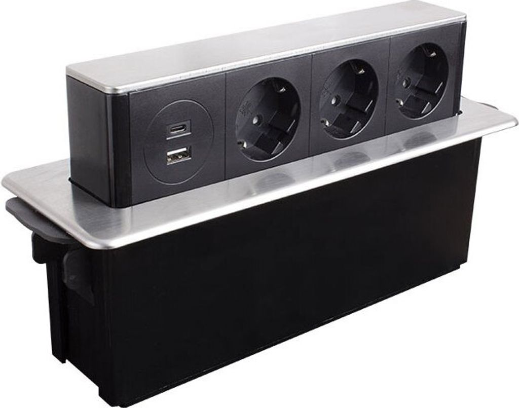 DesignLight HOP BOX versenkbare Möbeleinbausteckdose, 3x SCHUKO 1x USB TYP A, 1x USB TYP C / Mehrfachsteckdose