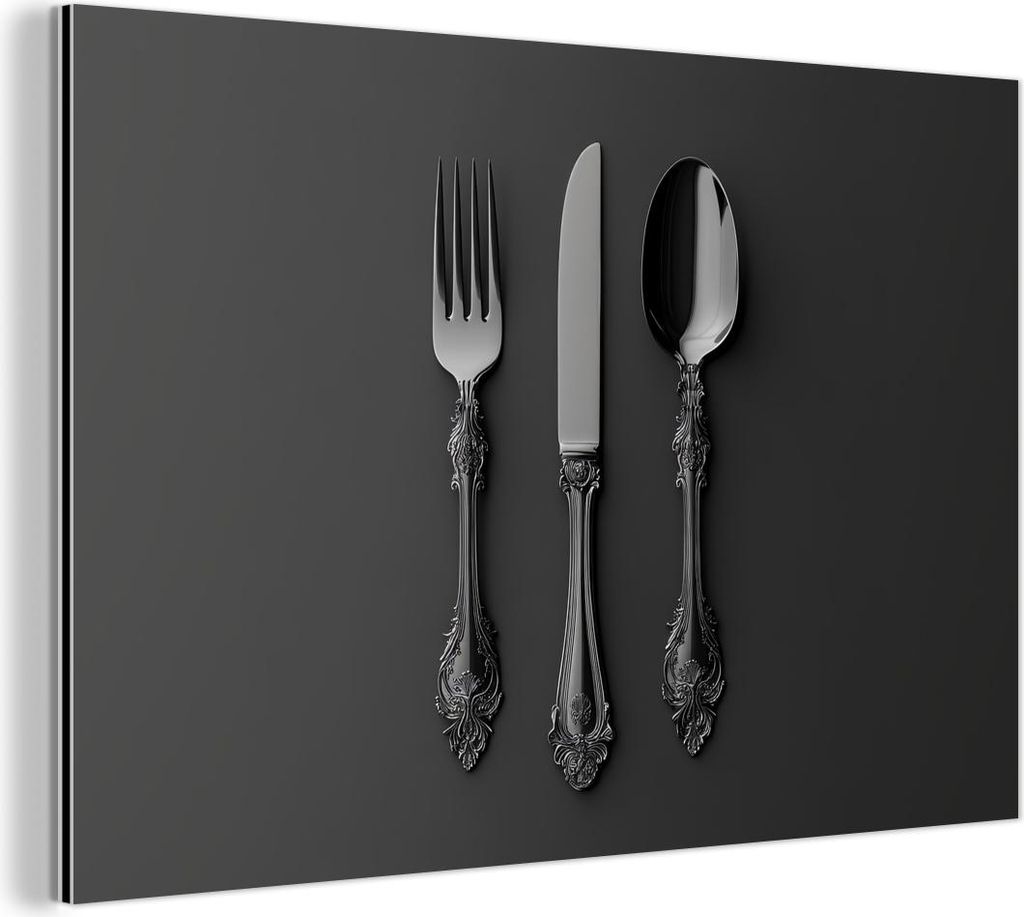 MuchoWow Wanddekoration Metall Metallbild Wandkunst 120x80 cm Besteck - Schwarz MuchoWow Aluminium Gemälde - Alu Bild