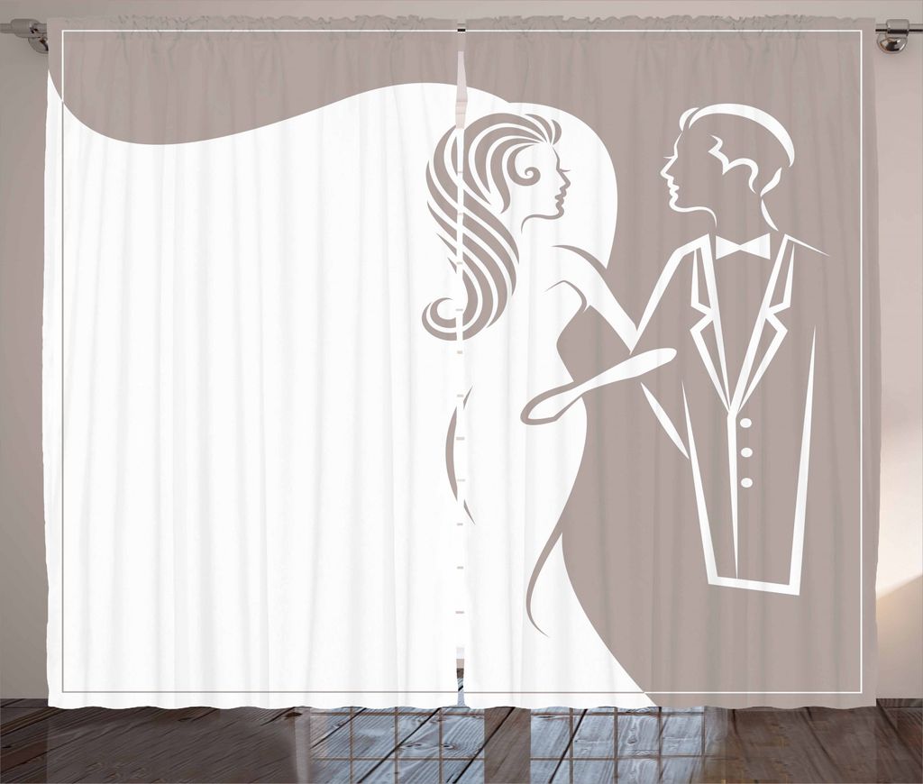 ABAKUHAUS Engagement Rustikaler Vorhang, Hochzeitseinladung, Wohnzimmer Universalband Gardinen mit Schlaufen und Haken, 280 x 245 cm, Taupe und Weiß