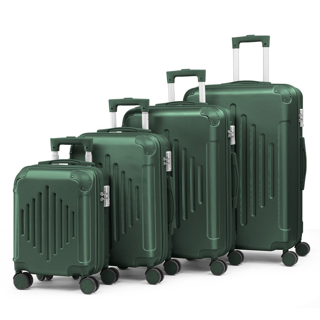 Four dark green suitcases of varying sizes are arranged in a diagonal line against a white background.
