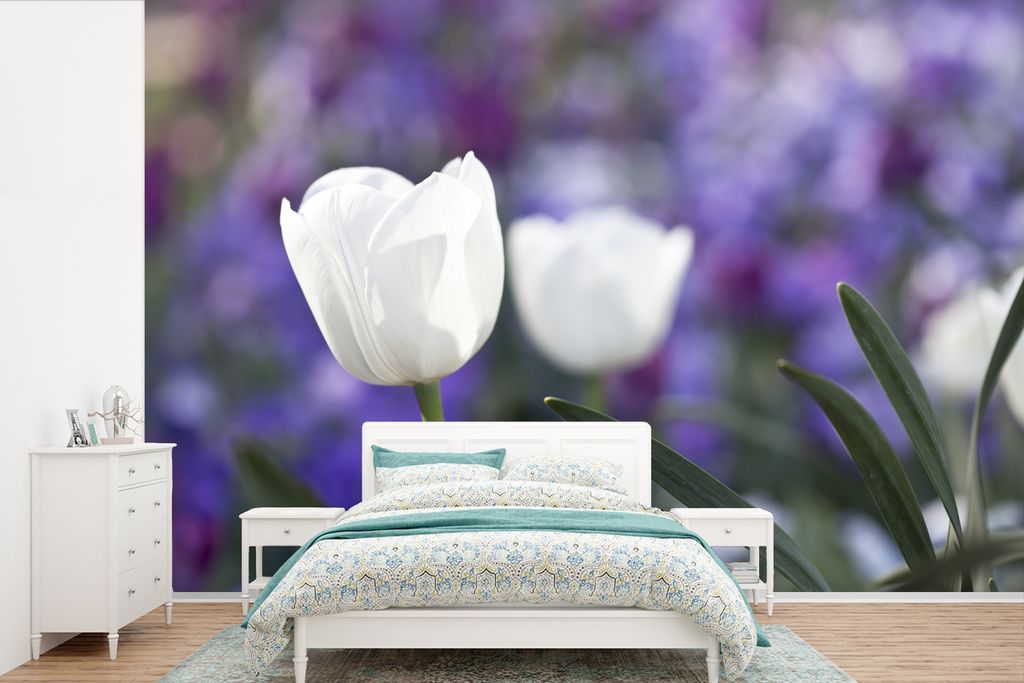 MuchoWow Fototapete für Wohnzimmer oder Schlafzimmer Wandtapete Vinyl Motivtapete Nahaufnahme der weißen Blätter einer weißen Tulpe - 525x350...