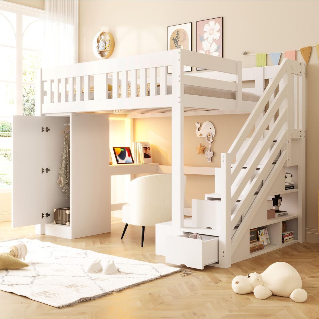 MODFU Jugendbett 140 x 200 mit Matratze,Hochbett mit LED und Schreibtisch,Kinderbett mit Bank,Stauraum-Treppe und Geländer,Bettgestell mit Kleider...