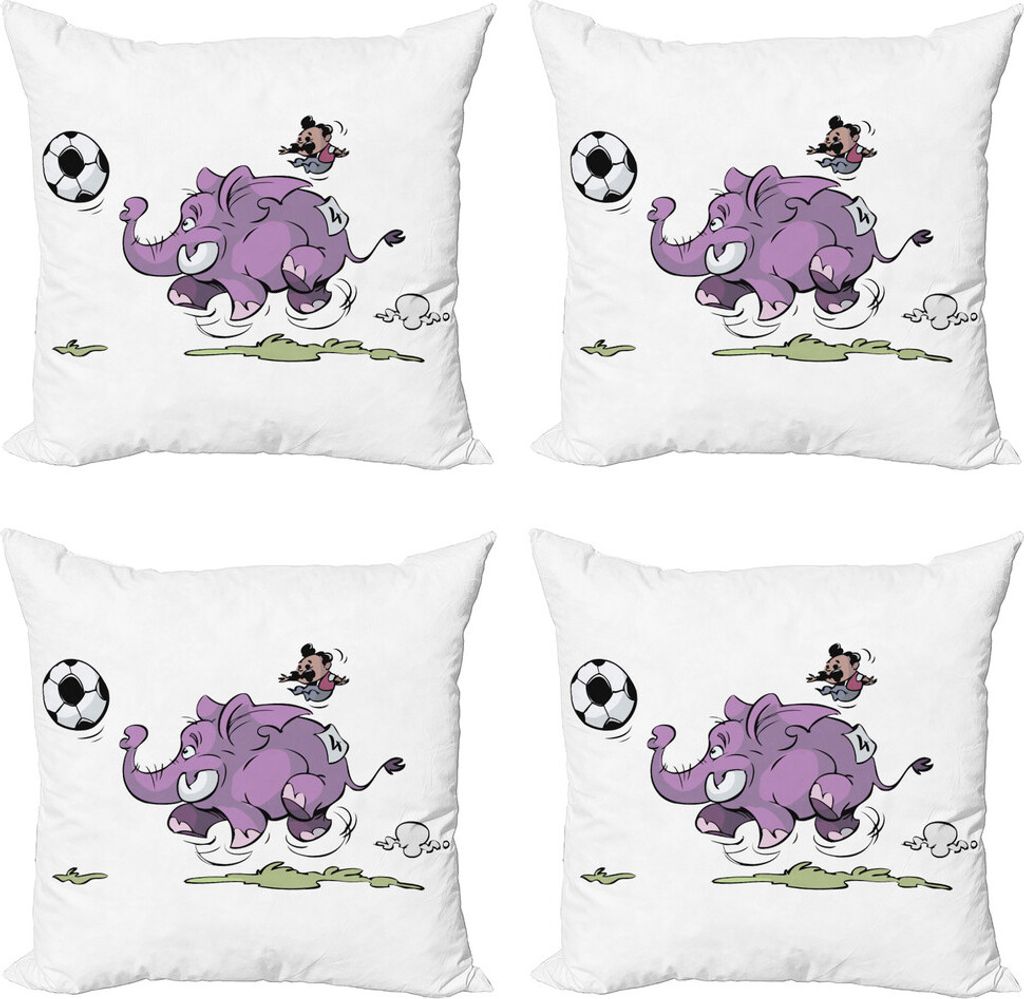 ABAKUHAUS Elefant Kissenbezug Set (4 Stück), Elefant das Fußball spielt, Moderner Doppelseitiger Digitaldruck, 45 cm x 45 cm, lila Weiß