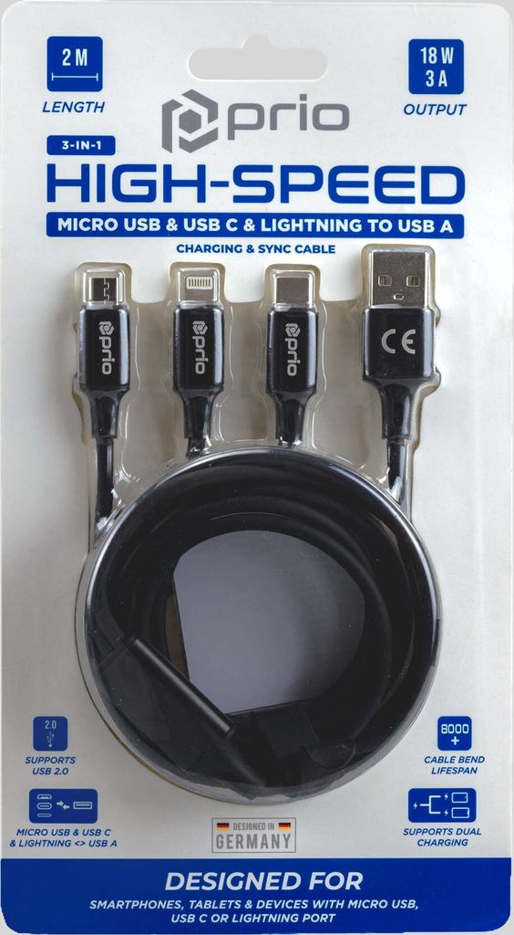 prio 3in1 Micro USB & USB C & Lightning zu USB A Kabel 3A 2m schwarz