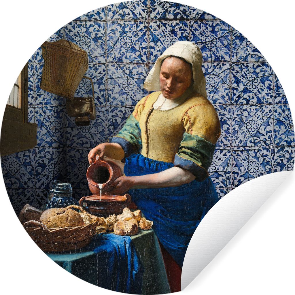 MuchoWow Runde Wandtattoo - Wandsticker Tapete Aufkleber Milchmädchen - Delfter Blau - Vermeer - Gemälde - Alte Meister Ø 80 cm Selbstklebend ...