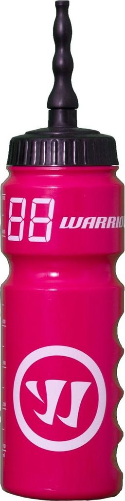 A pink Warrior brand water bottle with a black cap and spout.