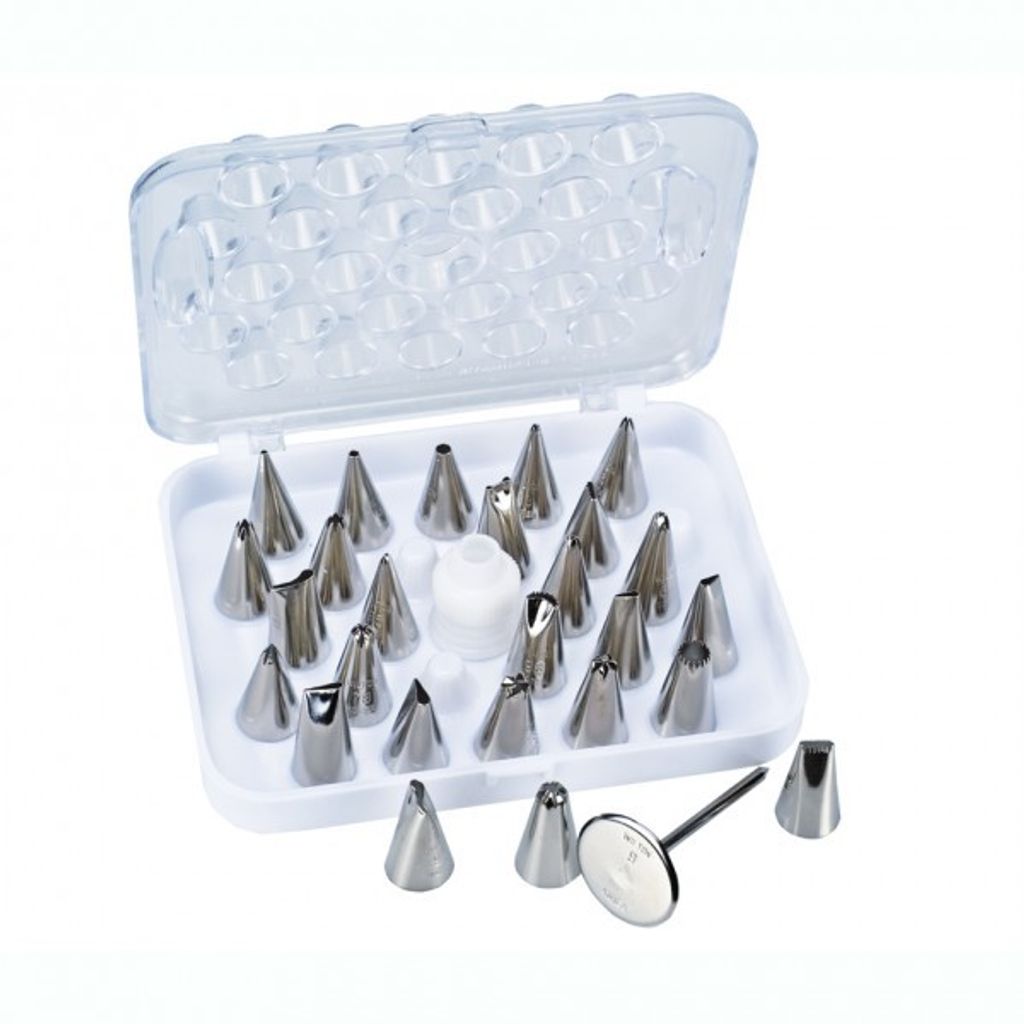 Schneider Spritztüllen-Set 29-teilig aus Edelstahl, 30 mm Höhe, inkl. Adapter und Kunststoffbox