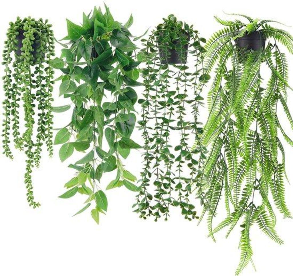 Kunstige nep-eucalyptus varens, 4-delig, hangend, zwart, woonkamer, kamer, muur, binnen- en buitendecoratie