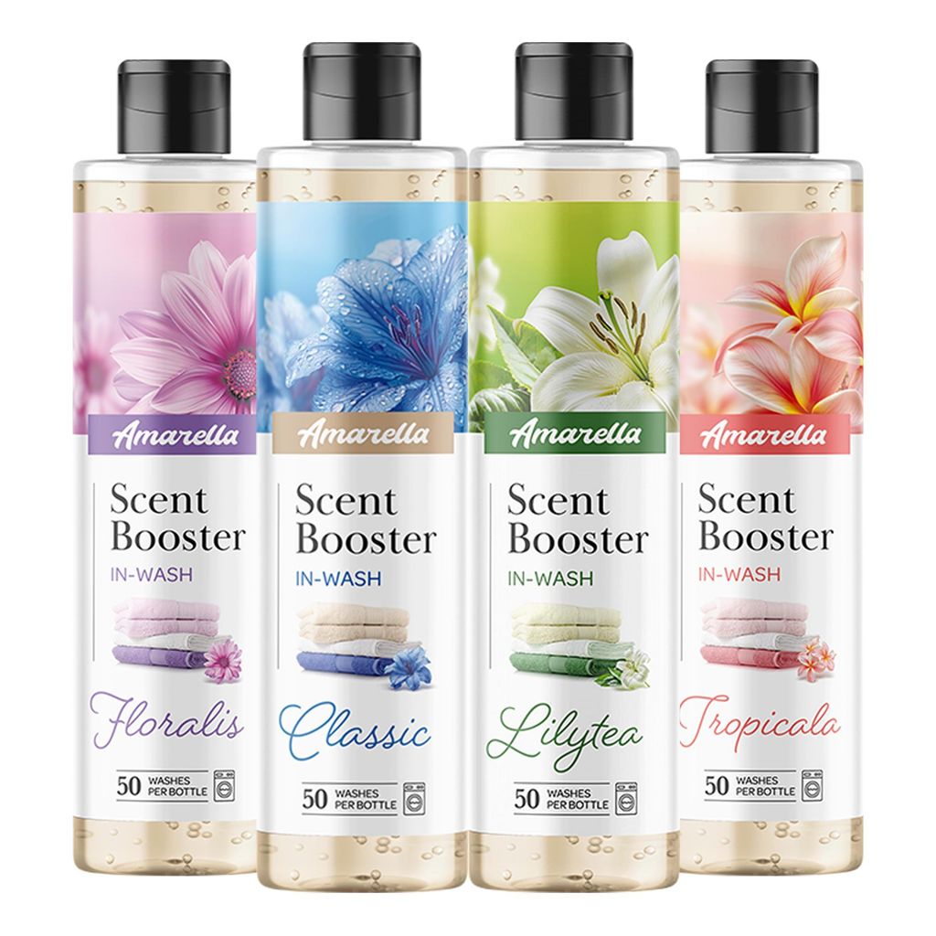 AMARELLA Wäscheparfum Set 4×250 ml (1L) Duftmix - Floralis Classic Lily Tea Tropicala - Duftkonzentrat für Textilien - über 50 Wäschen