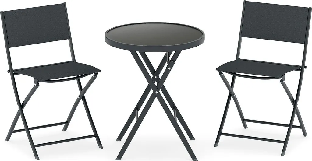 Salon de jardin bistrot 3 pièces table en verre et chaises pliantes noir