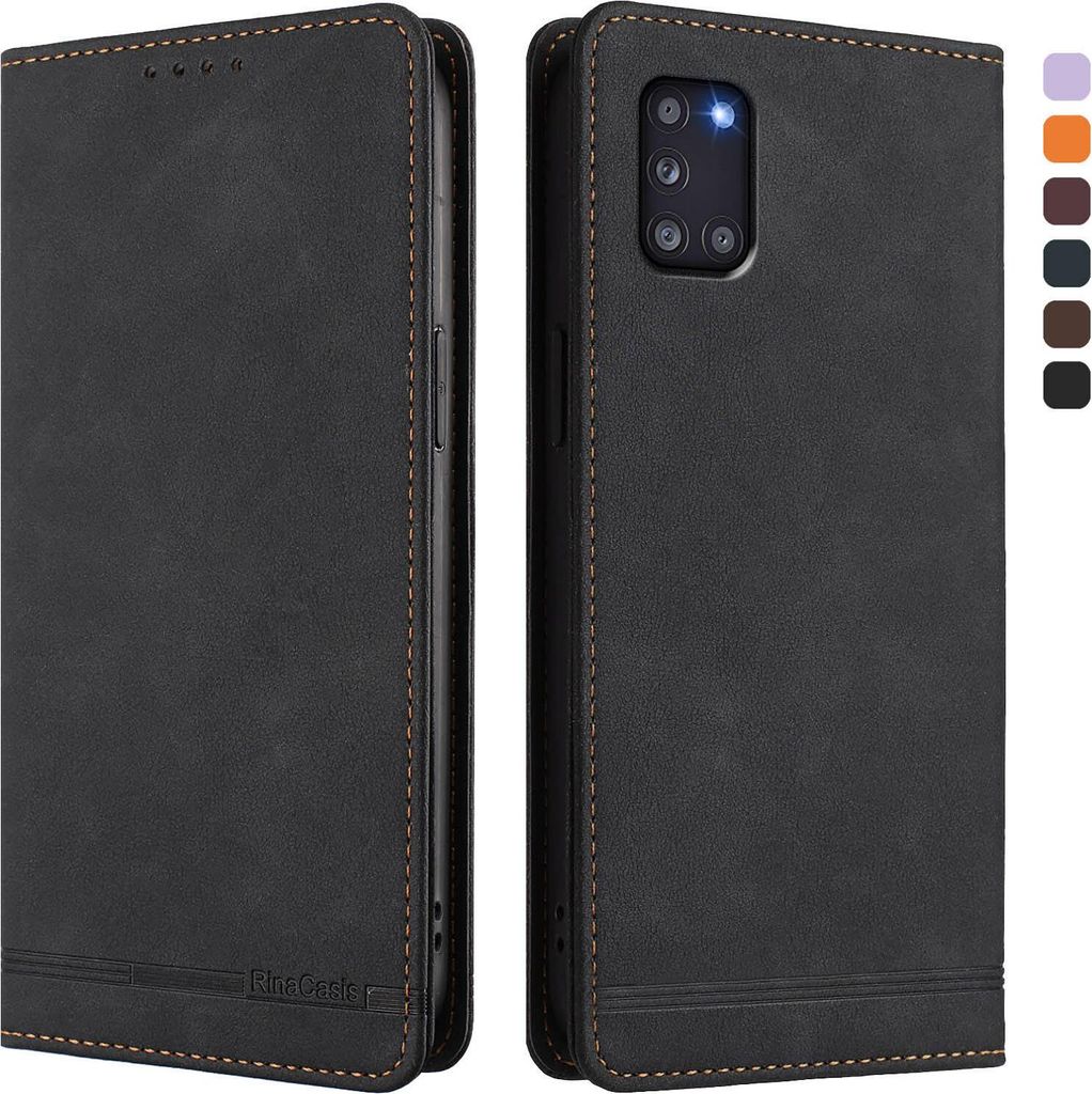 Hülle für Samsung Galaxy A31, Retro Kunstleder Ständer Klapphülle mit Kartenfächer und Magnetische Schwarz