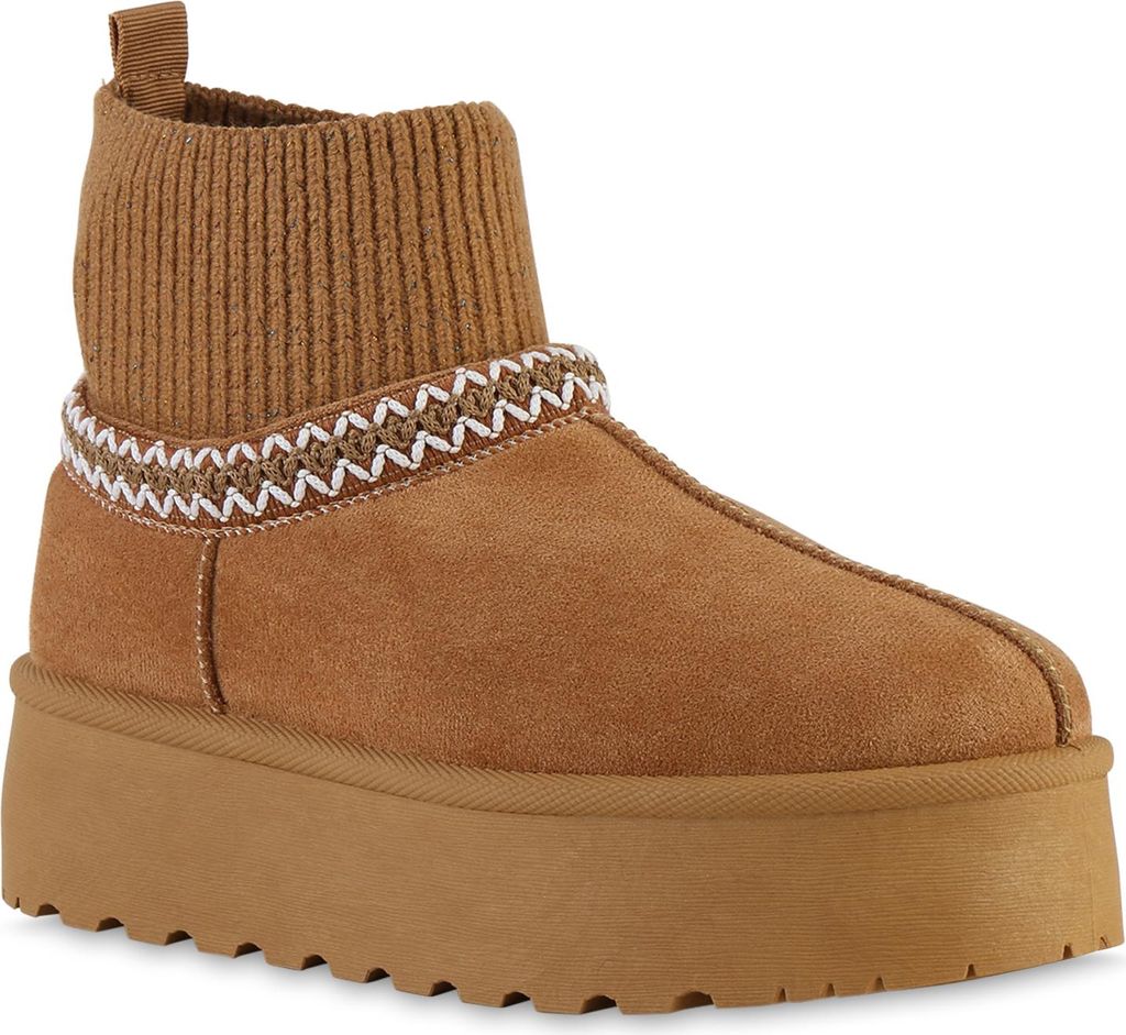VAN HILL Damen Warm Gefüttert Winter Boots Bequem Strick Stickereien Schuhe 841864, Farbe: Hellbraun, Größe: 36