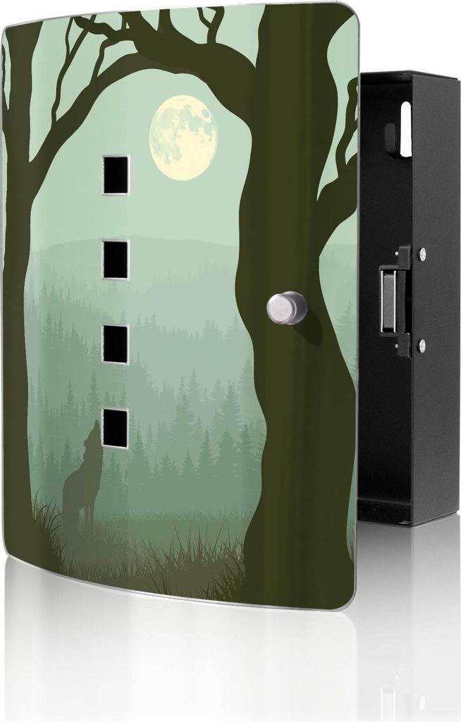 banjado Design Schlüsselkasten aus Edelstahl für 10 Schlüssel, Schlüsselschrank 24 x 21,5 x 7cm groß mit Magnetverschluss, Heulender Wolf [BWS...