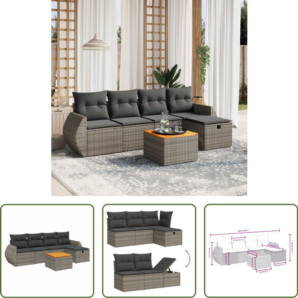 The Living Store 6-tlg. Garten-Sofagarnitur mit Kissen Grau Poly Rattan