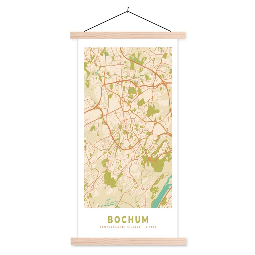 MuchoWow Textilposter Karte - Bochum - Karte - Vintage - Stadtplan 60x120 cm mit holzfarbenen Rahmen - Holz
