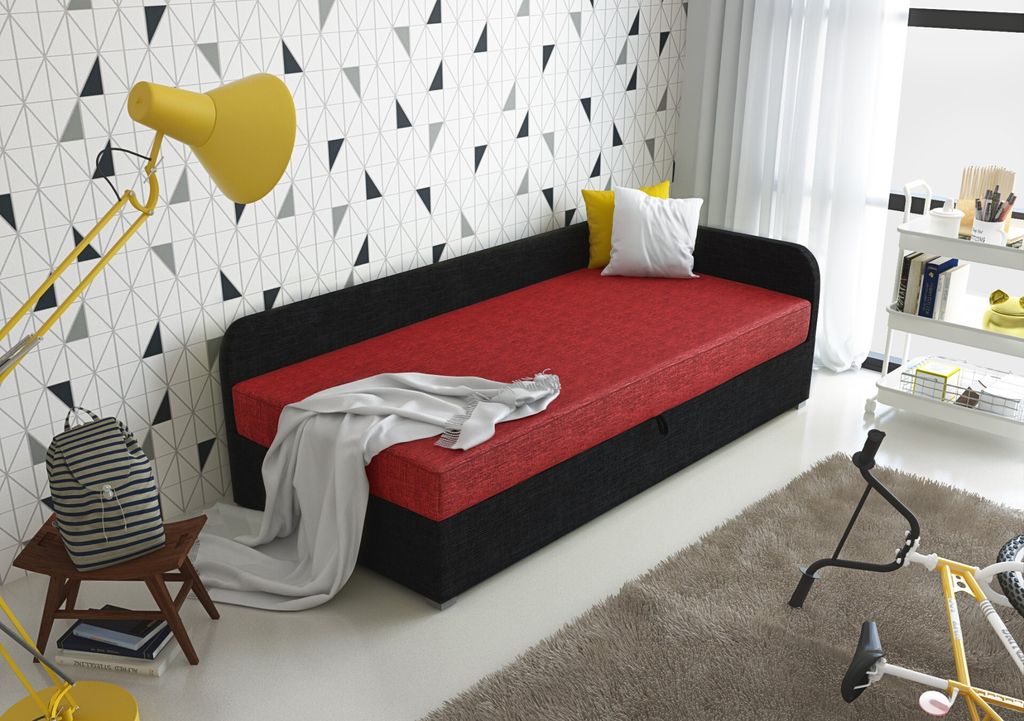 Roe Furniture | Tagesbett - UNO - 90x200 cm - Schwarz&Rot - Jugendbett - Linke - Bett mit Bettkasten - Boxspringbett - Taschenfederkern-Matratze