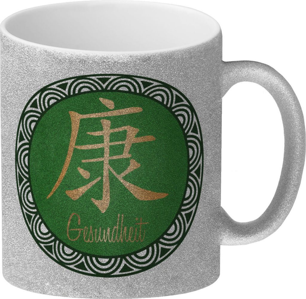 Chinesisches Zeichen für Gesundheit Glitzer-Kaffeebecher in grün