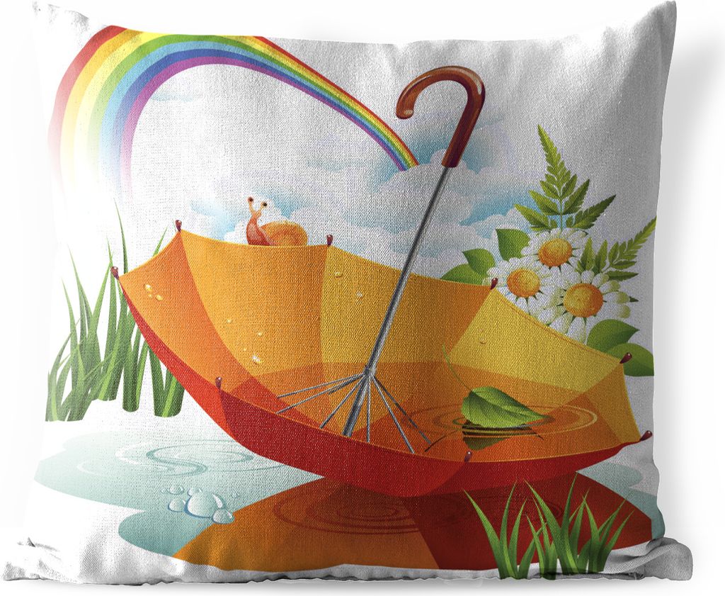 MuchoWow Outdoor Kissen - Eine Illustration eines orangefarbenen Regenschirms unter einem Regenbogen - 40x40 cm - Wetterfest - Lounge Kissen - Ko...