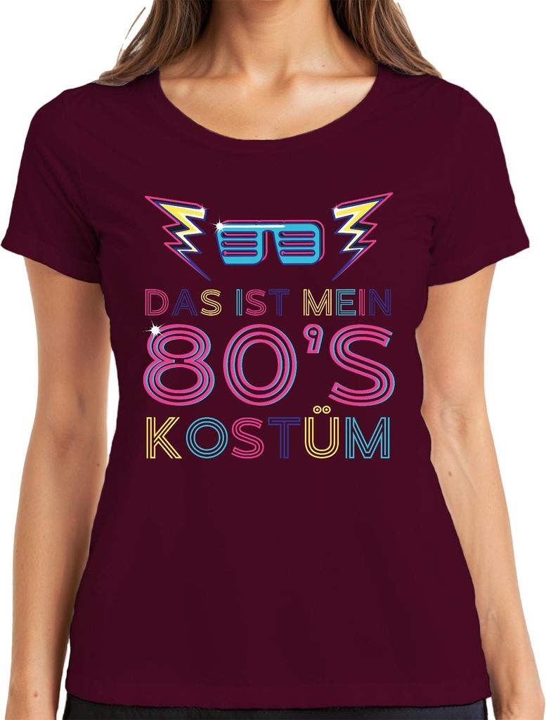 MEIN 80'S KOSTÜM 80er Jahre Retro Neon Party Karneval Brille Damen T-Shirt, Burgundy, XL