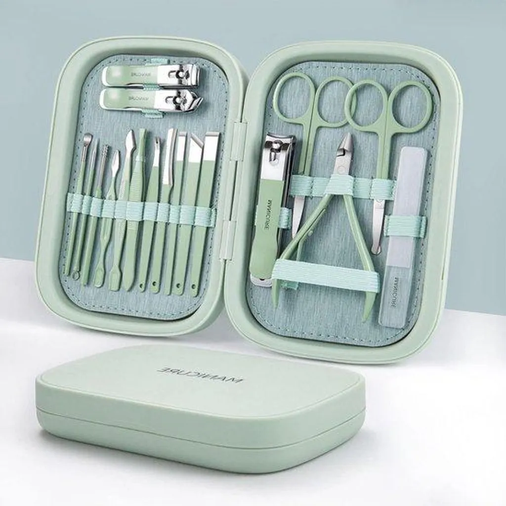 Set manucure 18 accessoires en acier trempé avec étui de voyage vert