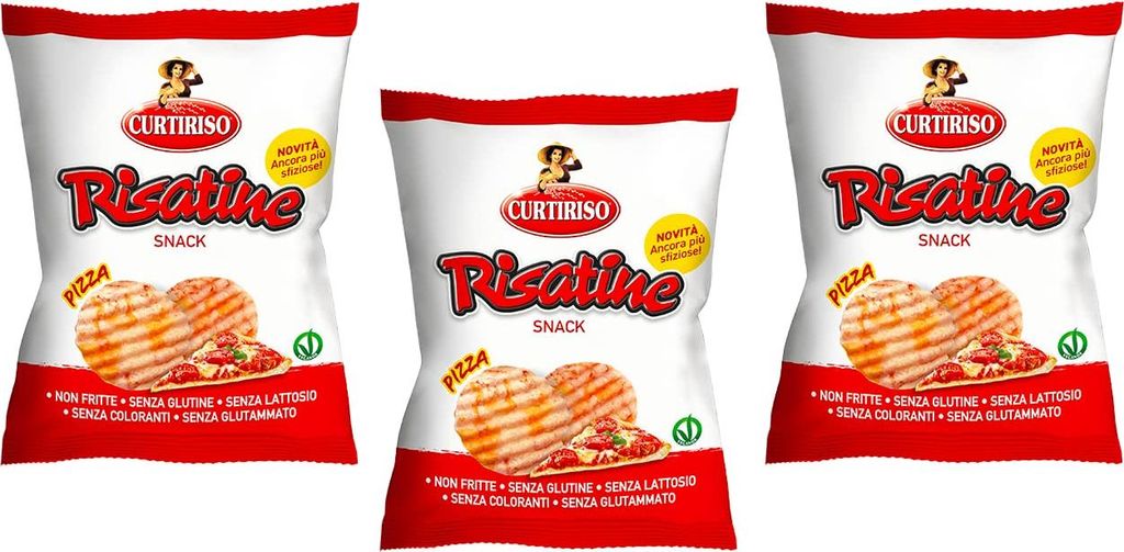 3x Curtiriso Risatine Pizza Salziger Snack Reis- und Mais Snacks mit Pizzageschmack 30g