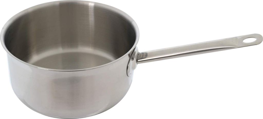 A stainless steel saucepan with a long handle is shown against a white background.