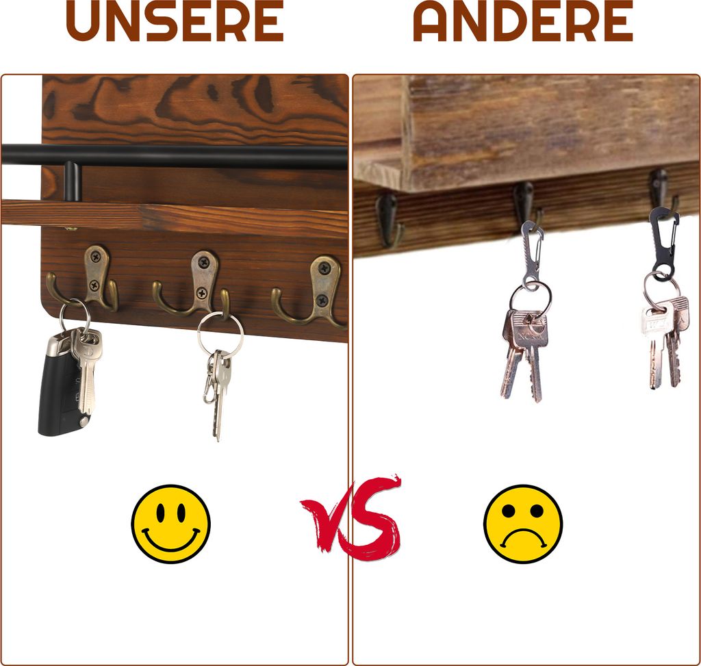 Schlüsselbrett Holz mit Ablage, Schlüsselhalter mit Metall Produktbild 6