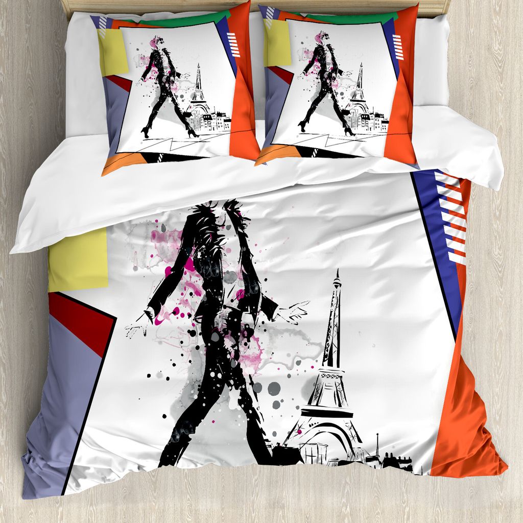 ABAKUHAUS Eiffel Bettbezugs Set Für Doppelbetten, Turm Walking Girl Art, Milbensicher Allergiker geeignet mit Kissenbezügen, Orange