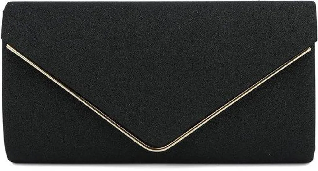 Pochette de soirée noire brillante avec chaîne argentée et rabat chic