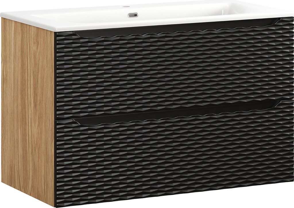 Waschtisch 90cm in Eiche mit schwarz, OLUO-56-BLACK, Front mit 3D-Struktur in Wellenoptik