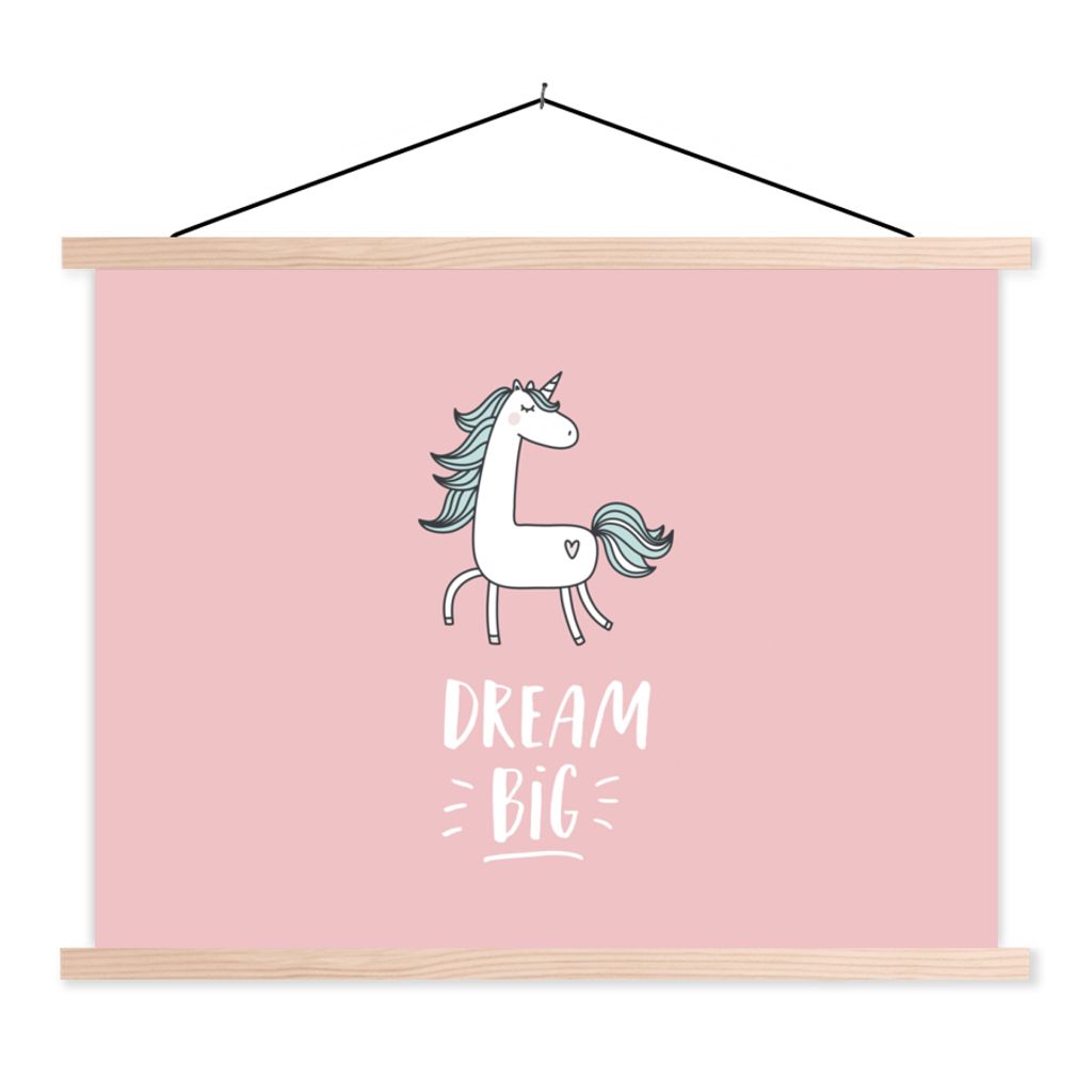 MuchoWow Textilposter Einhorn - Kinder - Zitate - Große Träume - Mädchen - Rosa 40x30 cm mit holzfarbenen Rahmen - Bilder