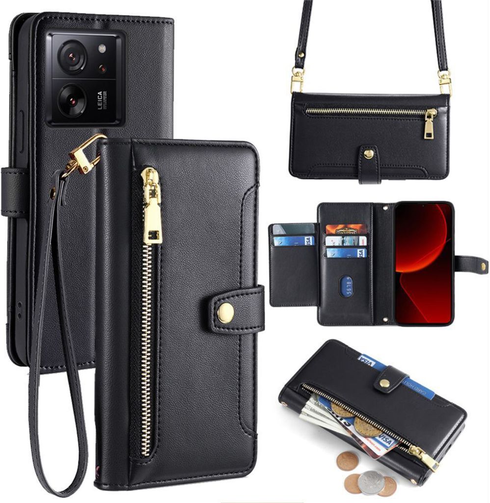Handykette Xiaomi Hülle mit Band Handyhülle Kartenfächer Kunstleder Umhängetasche 13T / 13T Pro Schwarz