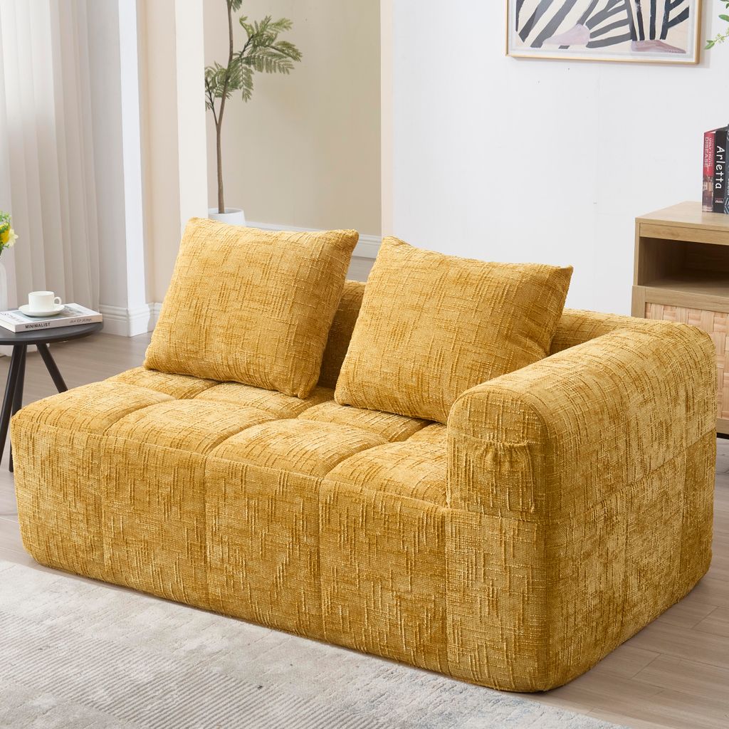 Zweisitzer Sofa Gelb Couch ohne Montage 2-Sitzer Loungesofa mit Chaiselongue 1 Kissen Seitentasche Wohnlandschaft klein modern flauschig