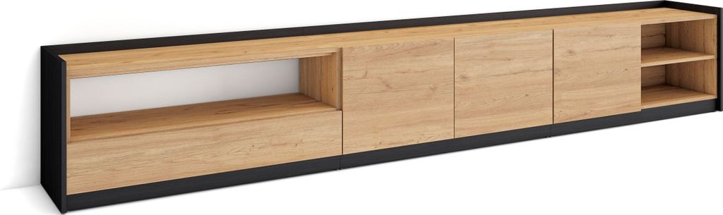 TV-Schrank, Lowboard, 310x37x50cm, Für TV-Geräte bis zu 80", Fernsehtisch, Eiche Schwarz