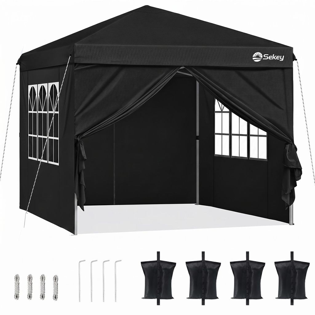 Sekey Faltpavillon 3x3 mit 4 Seitenwänden und mit 4 Sandsäcke, Wasserdicht Pop Up Pavillon für Camping, Festival, Events, Picknicks, Schwarz