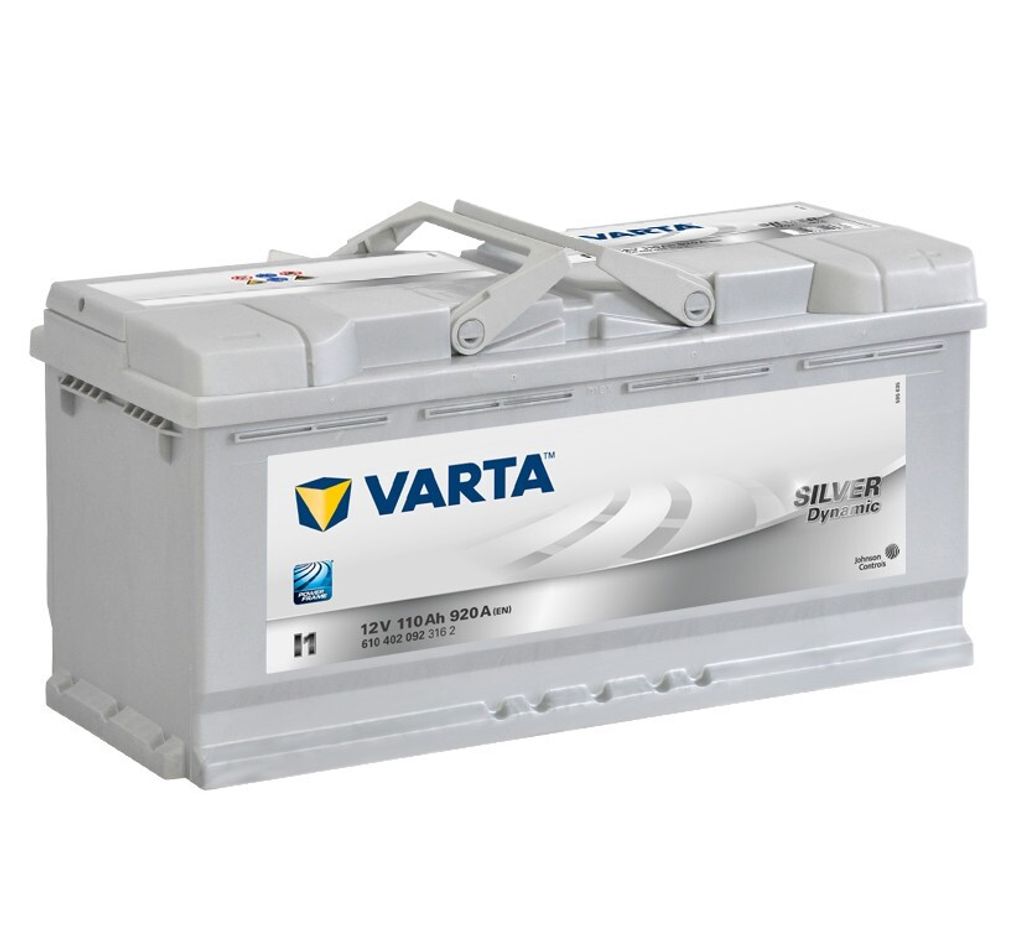 A Varta Silver Dynamic SLI car battery is shown from a diagonal angle against a white background.