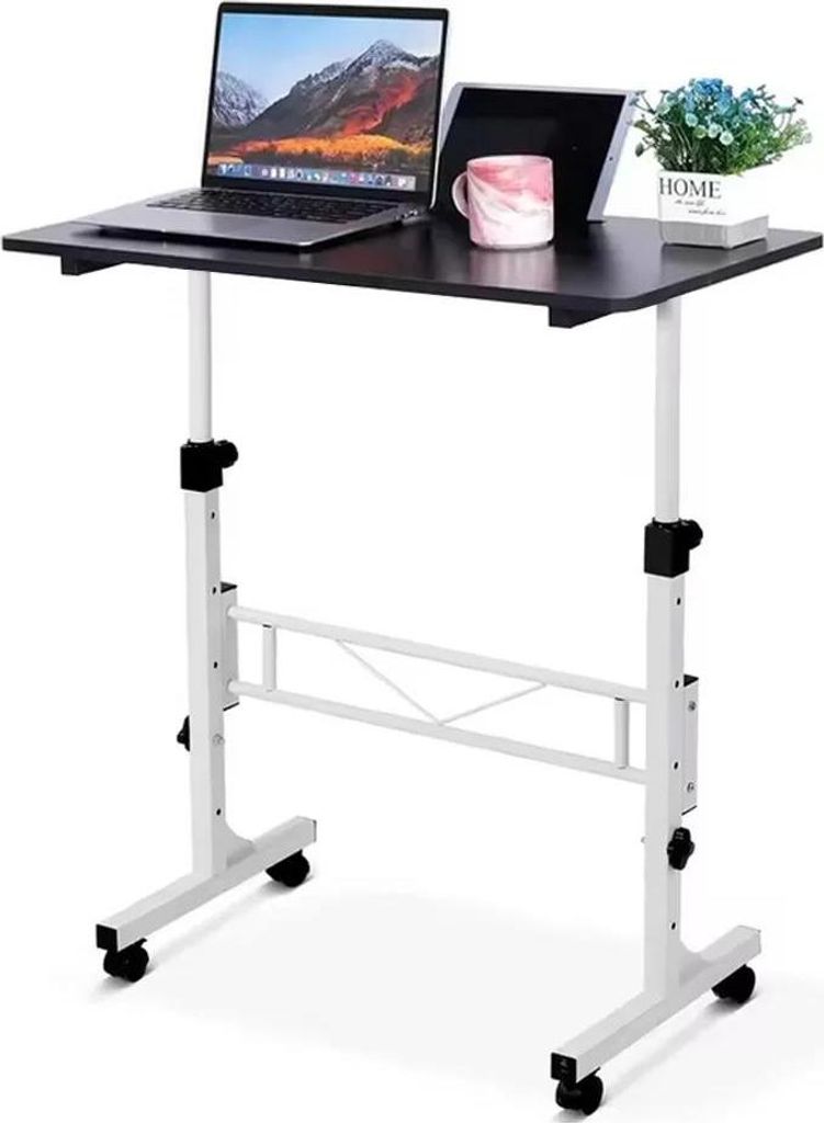 Mobiler Stehschreibtisch - Laptop-Tisch mit Rollen - Höhenverstellbar - Kompakt - Rechteckige Tischplatte - Metallgestell - Schwarz