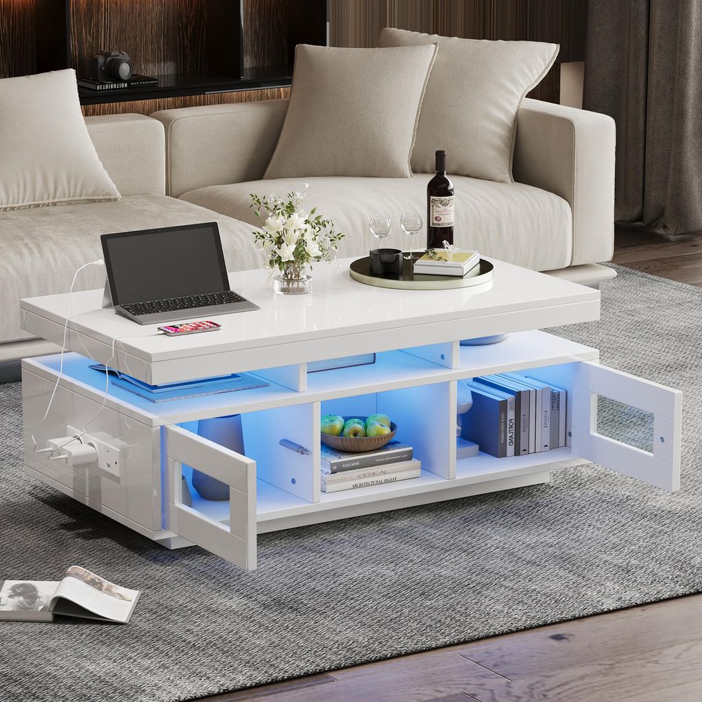 okwish Hochglanz-Couchtisch mit per mobiler App steuerbaren LED-Leuchten,Sofatisch mit Ladeanschluss und steckdose,Wohnzimmertisch mit Schrank,weiß