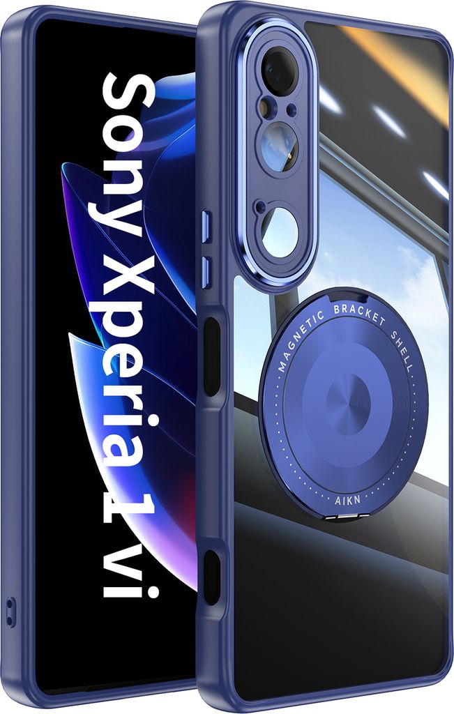 Handyhülle für Sony Xperia 1 VI Transparent Militärschutz mit Magnetring Ständer und Kameraabdeckung Blau